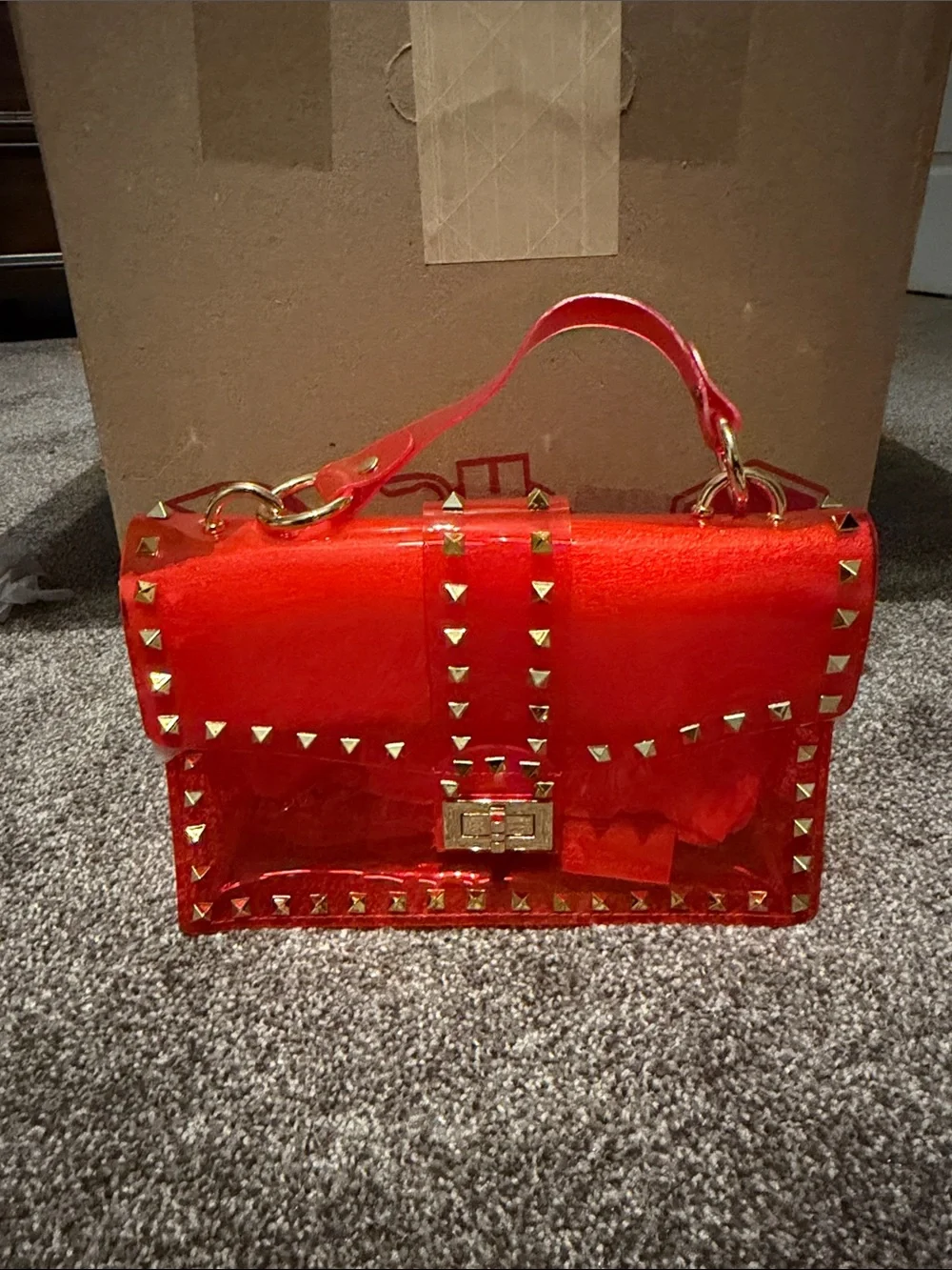 Red Clear Satchel with Gold Stud Accents